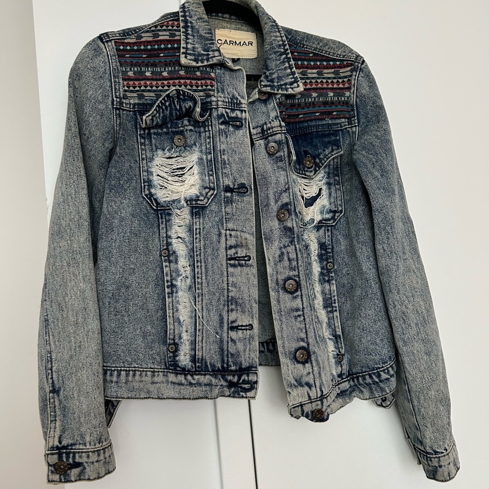 Carmar Light Blue Distressed Denim Jacket with Embroidered Yoke